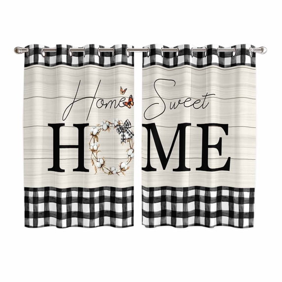Farmhouse Home Kitchen Curtains 72 Inch Length, Black Plaid Vintage Wood Grain Butterfly Grommet Top Bedroom Living Room Curtains, Light Filtering Cafe Curtain Drapes 2 Panels Set 104''x72''
