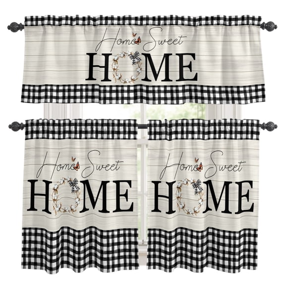 Farmhouse Home Kitchen Curtains, Kitchen Curtains and Valances Set of 3, Black Plaid Vintage Wood Grain Butterfly Light Filtering Tailored Tier Curtain 24 Inch Length Drapes for Cafe Sink Bedroom