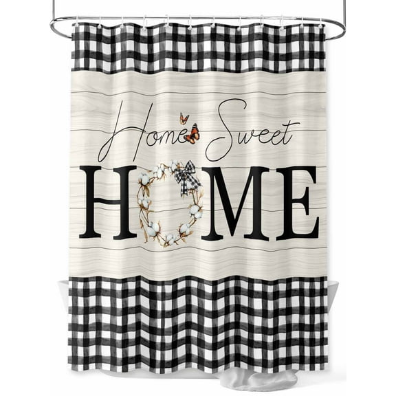 Farmhouse Home Stall Shower Curtain, Waterproof Shower Curtains for Bathroom, Black Plaid Vintage Wood Grain Butterfly Washable Fabric Cloth Bath Curtain for Bathtub with Hooks 36x72 Inches