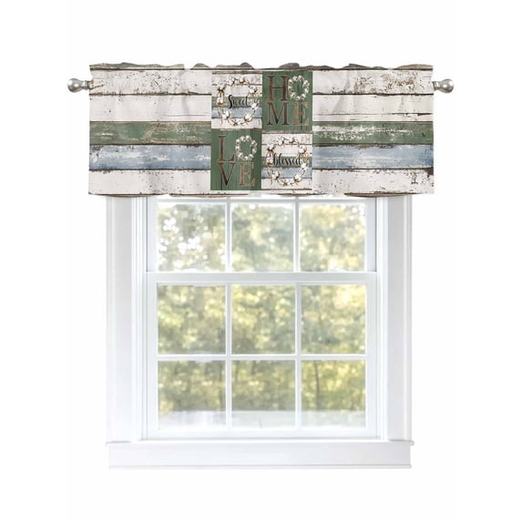 Farmhouse Home Vintage Curtain Valances for Windows, Green Beige Wooden Rustic Kitchen Valance Window Treatment, Light Filtering Block Curtains for Bathroom/Bedroom/Living Room 54'' x 18''