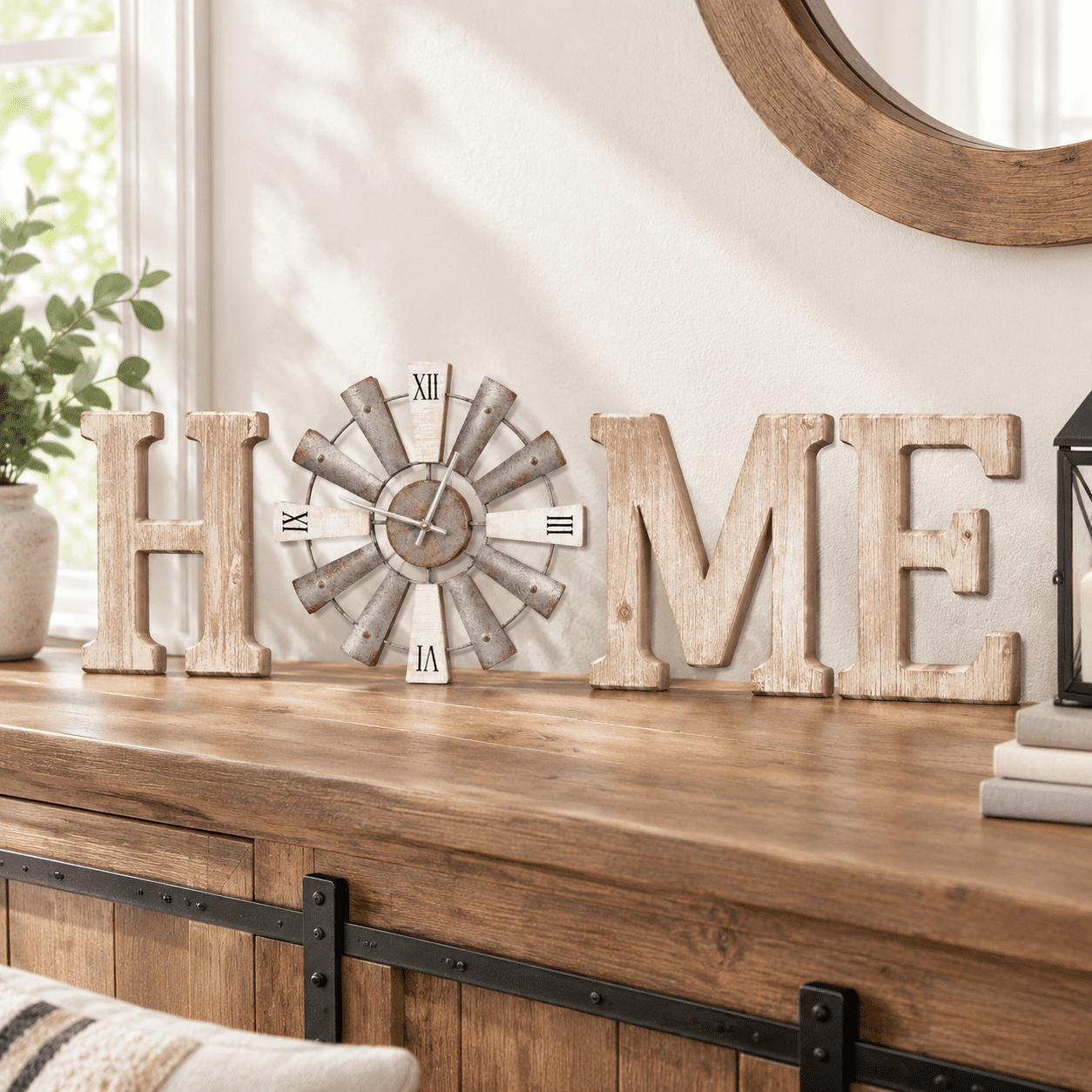 Signature Leter E Farmhouse Home Wall Sign with Windmill Clock, Water-White Rustic ...