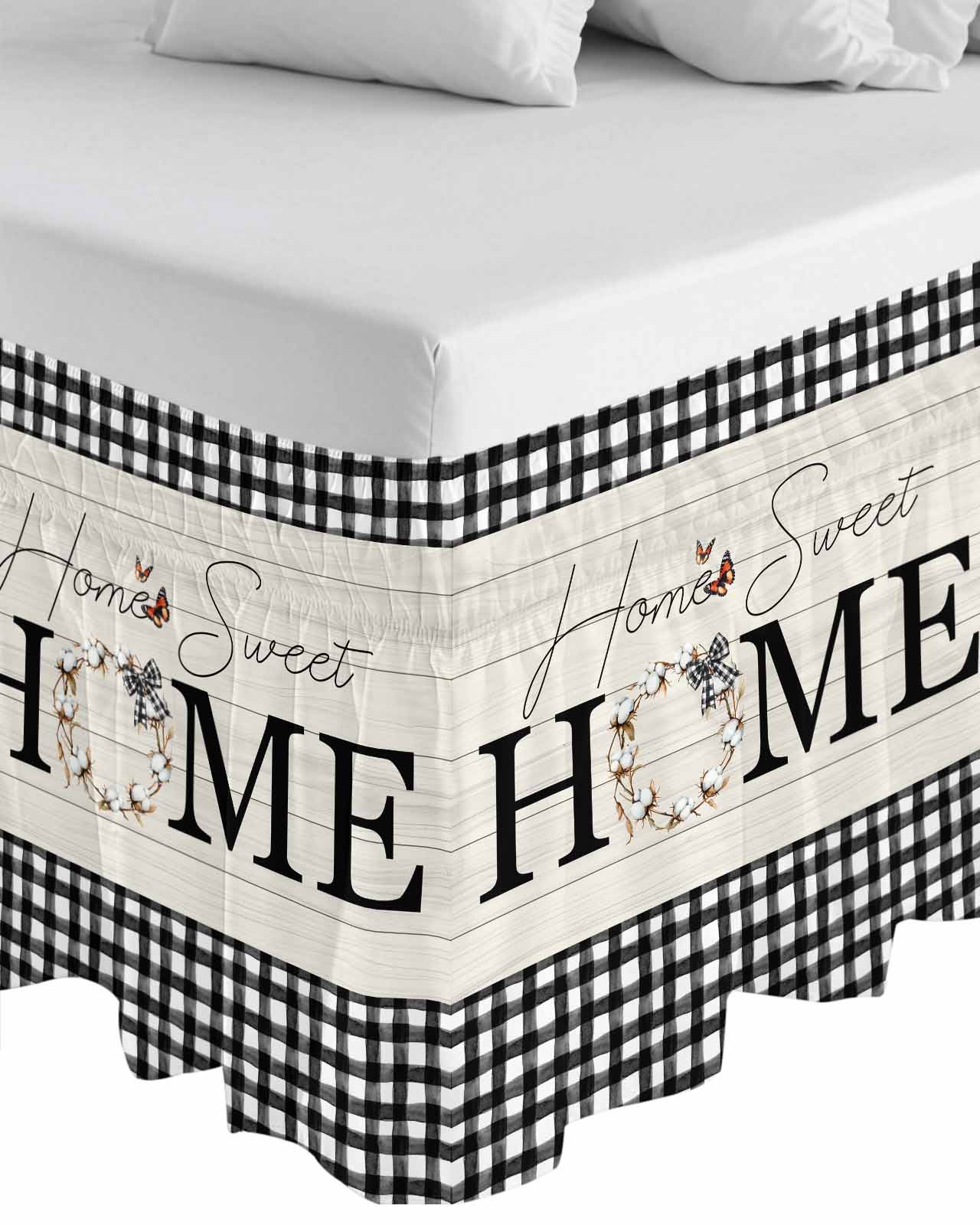 Farmhouse Home Wrap Around Bed Skirts for Queen Bed 16" Drop,Bed Skirt with Adjustable Elastic Belt Dust Ruffle Bed Valance for Bedroom Hotel Black Plaid Vintage Wood Grain Butterfly Bed Frame Cover