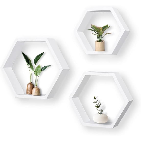 Farmhouse Honeycomb Shelves For Living Room Decor, Set Of 3 White Wood Hexagon Shelves For Wall Decor, Kitchen Storage, Mounted Storage, Durable, Stylish And Versatile