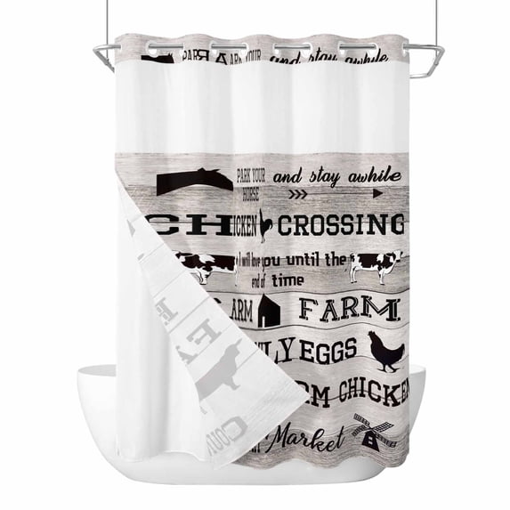 Farmhouse No Hook Shower Curtain with Snap in Liner Country Barn Animal Cow Pig Chicken Brown Wood Grain Waterproof Bathroom Shower Curtain with See Through Top Window for Bathtub 60" x 72"