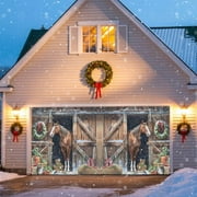 Farmhouse Horse Cat Garage Door Decorations, 6x13ft Garage Door Cover Banner with Grommets, Indoor/Outdoor Garage Door Backdrop Mural for Holiday Party Birthday Wall Decor, Pine Tree Branch Snowflake