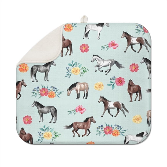 Farmhouse Horse Foal Drying Mat - Thick 3-Layer Microfiber Absorbent Dish Mat - Cute Pony Print Countertop Protector for Kitchen - Space-Saving Foldable Design
