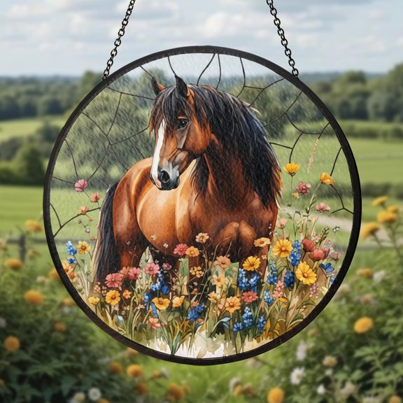 Farmhouse Horse Glass Suncatcher, Window Hanging Rustic Country Farm Decor Equestrian V3, 6.3 in
