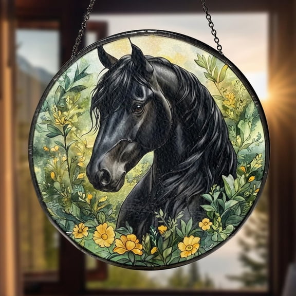 Farmhouse Horse Glass Suncatcher, Window Hanging Rustic Country Farm Decor Equestrian V4, 7.9 in