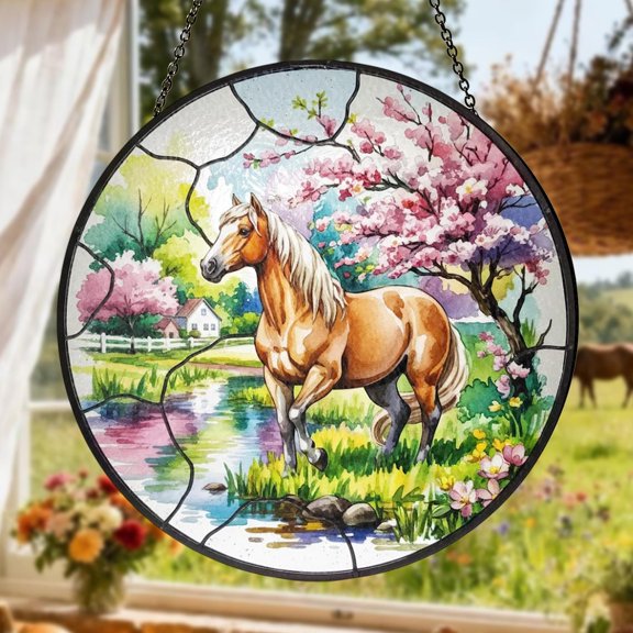 Farmhouse Horse Glass Suncatcher, Window Hanging Rustic Country Farm Decor Equestrian V5, 3.5 in