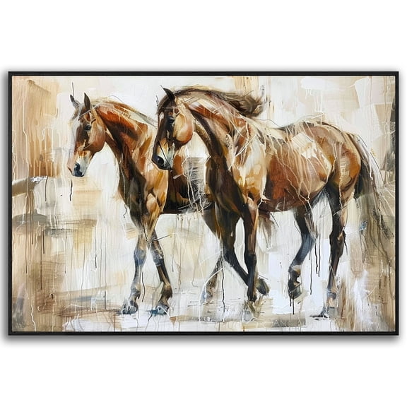 Farmhouse Horse Oil Painting Brown Vintage Horse Canvas Art Framed Horse Pictures Wall Art For Livingroom Bedroom Office