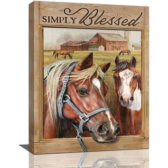 Farmhouse Horse Pictures Wall Decor Rustic Horse Wall Art Country Farm Animal Old Barn Canvas Prints Painting Simply Blessed Artwork Home Decoration for Kitchen Living Room Bathroom 12"x16"
