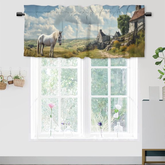 Farmhouse Horse Rod Pocket Thermal Insulated Curtain Valance Rustic Wooden Barn Green Leaves Western Country Thermal Insulated Room Darkening Curtain for Dinning Room 54 by 18 in, 1 Panel