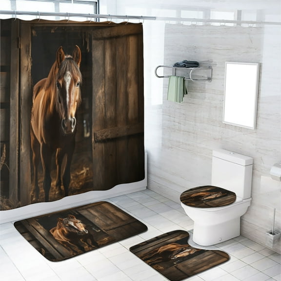 Farmhouse Horse Shower Curtain Set with Rugs Western Rustic Wildlife Animal Country Vintage Wooden Barn with 12 Hooks, Bath Mat Set Bathroom Decor by Durable Waterproof Fabric, 72x72 Inch