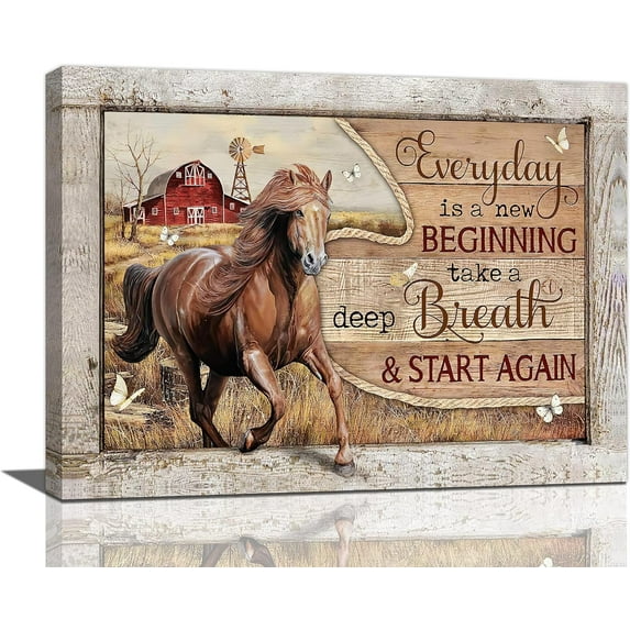 Farmhouse Horse Wall Art Horse Pictures Wall Decor Rustic Barn Canvas Prints Painting Everyday is A New Beginning Artwork Home Decoration for Kitchen Living Room Bathroom 12"x16"