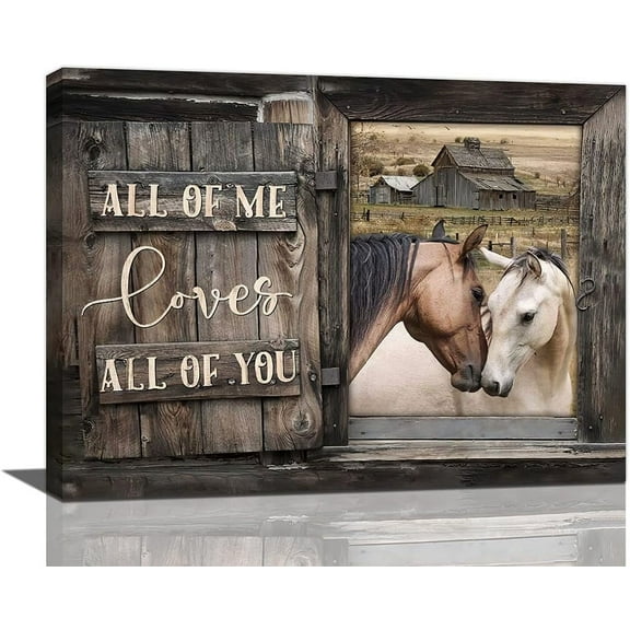 Farmhouse Horse Wall Art Sweet Horse Pictures Wall Decor Rustic Country Old Barn Canvas Prints Painting Modern Framed Artwork for Bathroom Bedroom Living Room 16"x12"