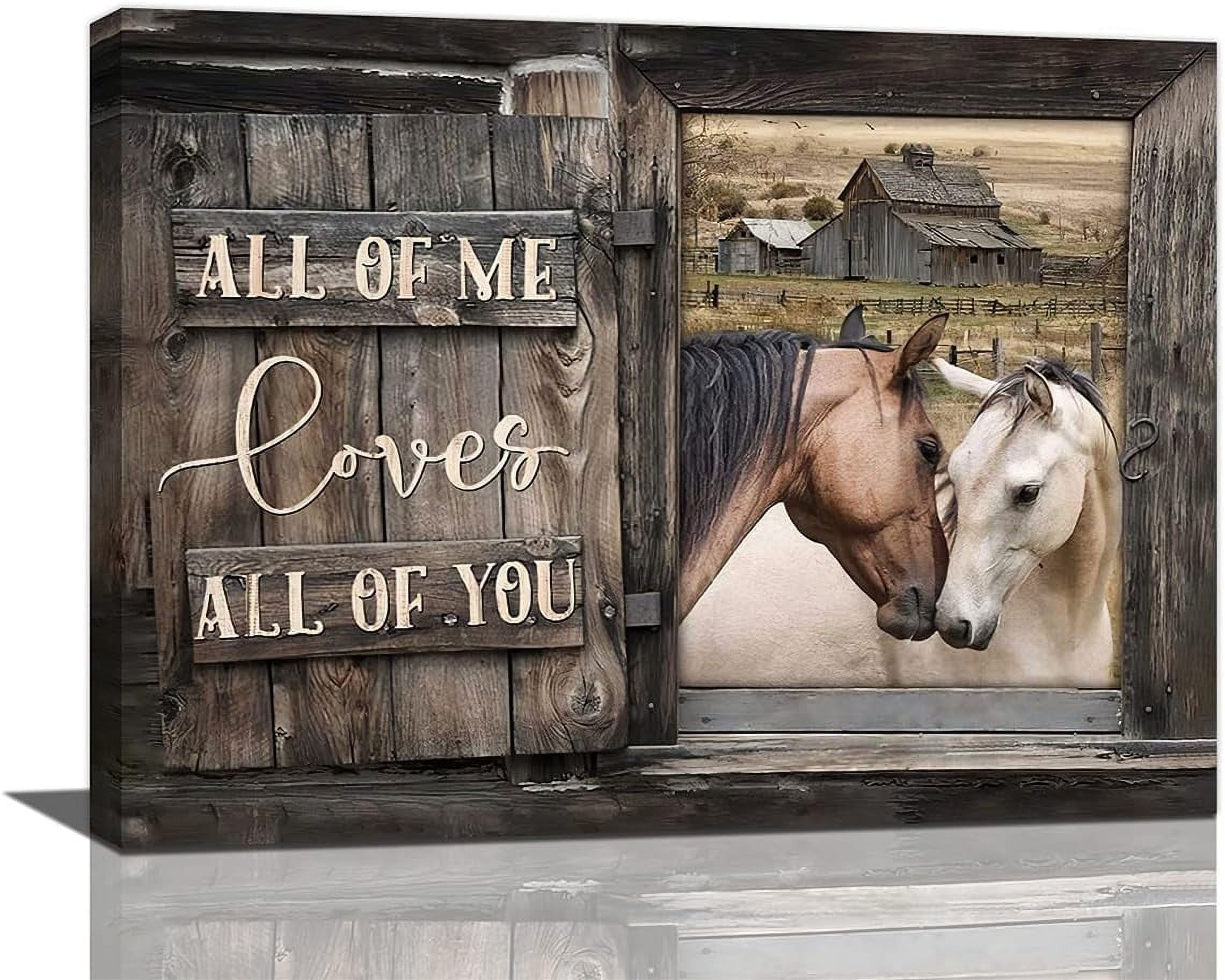 Farmhouse Horse Wall Art Sweet Horse Pictures Wall Decor Rustic Country Old Barn Canvas Prints Painting Modern Framed Artwork for Bathroom Bedroom Living Room 16"x12"