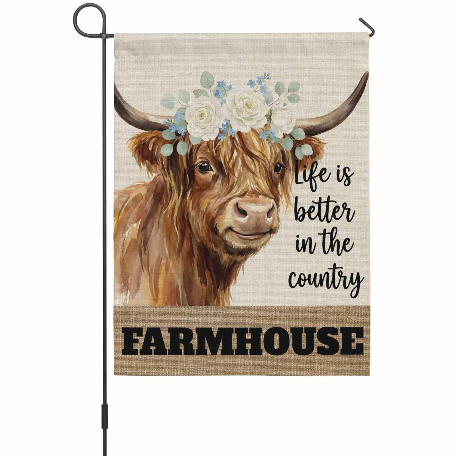 Farmhouse House Flag 28 x 40 Inches, LIFE IS BETTER IN THE COUNTRY Funny Cow Flowers Linen Weather Proof Outdoor Patio Flags Double Sided Small House Decoration for Yard Lawn Outside Home
