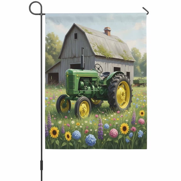 Farmhouse House Flags For Outdoor, Spring Florals Watercolor Green Truck Vintage Barn Small Double Side Yard Flags Weather Proof House Decor for Lawn Outside Holiday 28 x 40 Inches