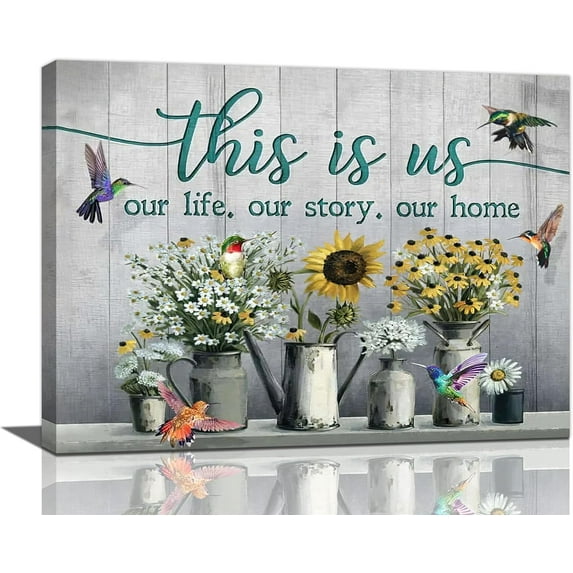 Farmhouse Hummingbird Sunflower Wall Art Hummingbird Pictures Wall Decor This is Us Our Life Inspirational Quotes Canvas Painting Print Modern Decor Artworks for Bathroom Bedroom Living Room 16"x12"