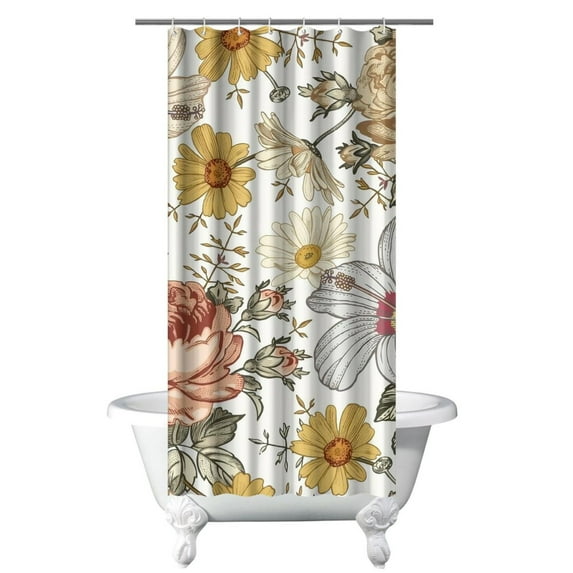 Farmhouse Hummingbird and Peony Curtain – Watercolor Botanical Design for Rustic Bathroom or Tub Area