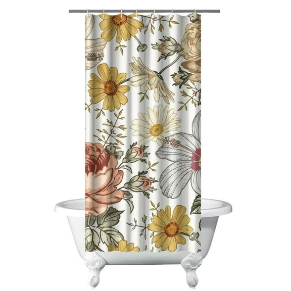 Farmhouse Hummingbird and Peony Curtain – Watercolor Botanical Design for Rustic Bathroom or Tub Area