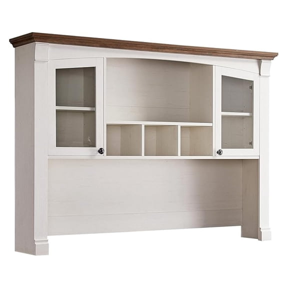 Farmhouse Hutch for 60" Executive Desk, Office Desk Storage Cabinet with Glass Doors and Shelves, Top Hutch Organizer for Home Office - Antique White