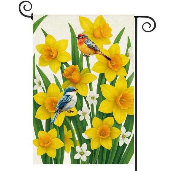 Yellow Flower Daffodils Garden Flag 12.5 x 18 Inch Double Sided Burlap Bluebirds Spring Summer Outdoor Yard Decoration