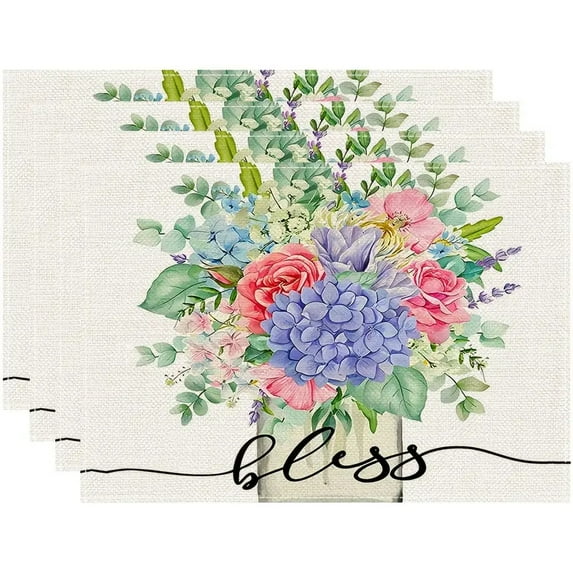 Farmhouse Hydrangea Placemats Set of 4, Country Sunshine Flowers Place Mats, Rustic Spring Butterfly Dining Table Mats, Washable Placemats for Kitchen Dining Room 18L'' × 12W''