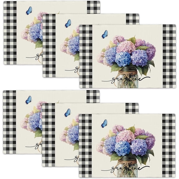 Farmhouse Hydrangea Placemats Set of 6, Country Sunshine Flowers Place Mats, Rustic Spring Butterfly Dining Table Mats, Washable Placemats for Kitchen Dining Room 18L'''' × 12W''''