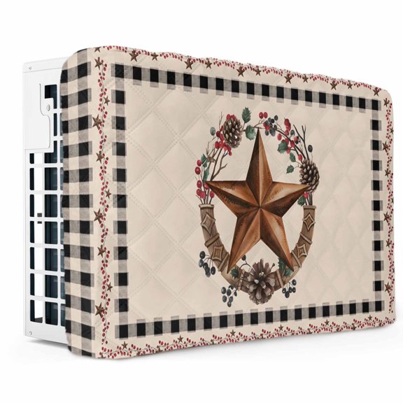 Farmhouse Indoor Air Conditioner Cover, Double Insulated AC Covers for Inside, Country Star Berry Plaid Lodge Grey Brown Waterproof Window Air Conditioner Covers with Elastic Straps 28"Lx20"Wx3.5"D