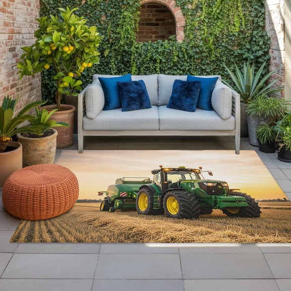Farmhouse Indoor Outdoor Rugs 3x5 Ft, Rustic Country Green Bulldozers Realistic Field Sunset Outdoor Patio Rugs Mat Washable Outside Area Rugs Carpet for Porch Deck RV Camping Pool Balcony Backyard