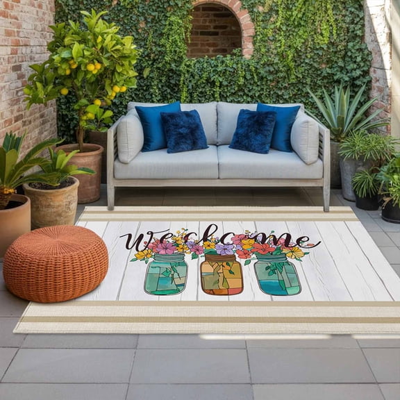 Farmhouse Indoor Outdoor Rugs 3x5 Ft, Welcome Wildflower Stained Glass Mason Jar Wood Grain Outdoor Patio Rugs Mat Washable Outside Area Rugs Carpet for Porch Deck RV Camping Pool Balcony Backyard