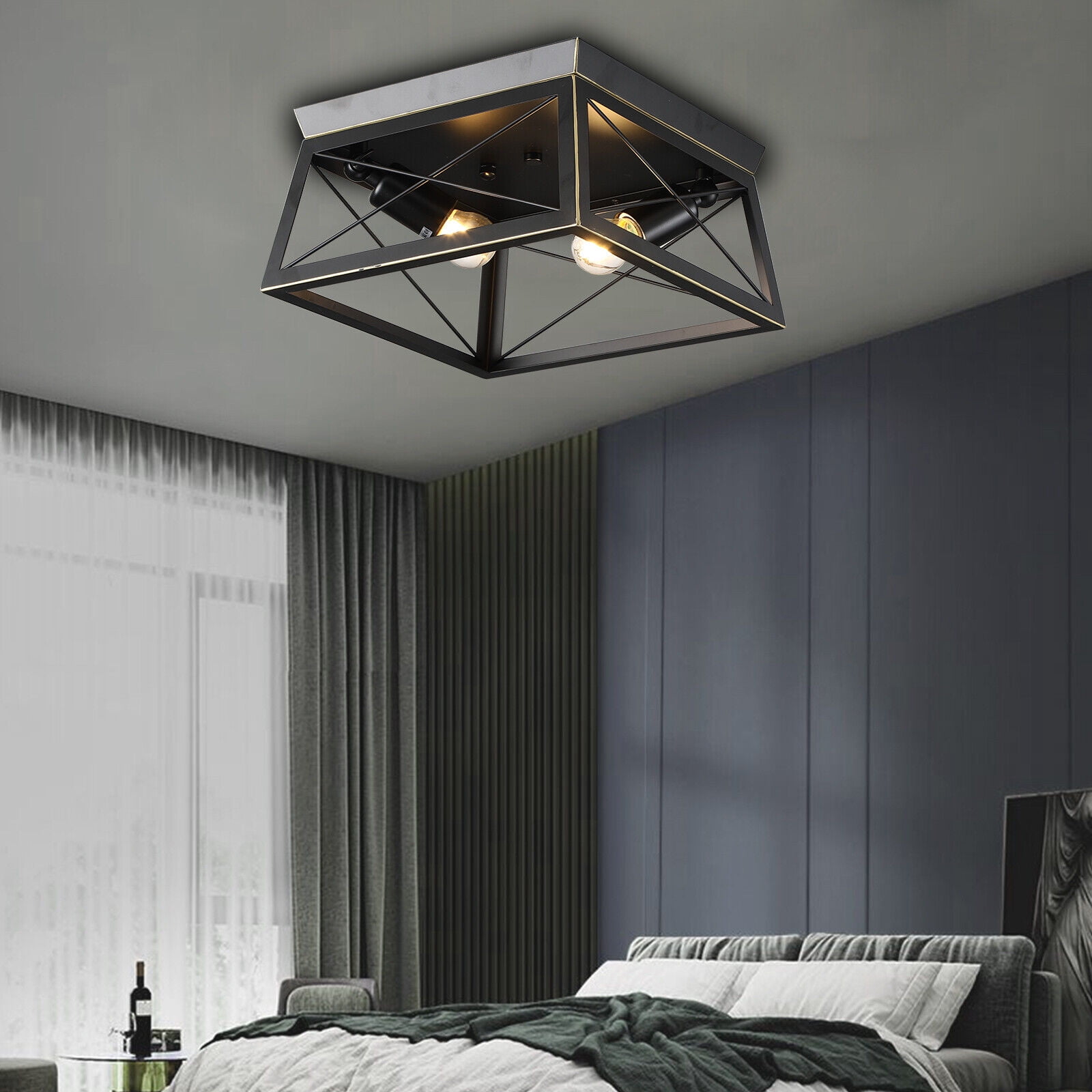 Farmhouse Industrial Semi Flush Mount Ceiling Light Pendant Lamp Fixture for Indoor, Outdoor Porch, Black