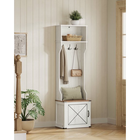 Farmhouse-Inspired Entryway Organizer, Triple Hooks & Built-In Shoe Bench, Hall Tree Entryway Bench for Mudroom & Foyer, Space-Saving Coat Rack with Storage Cabinet, Rustic White and Honey Brown