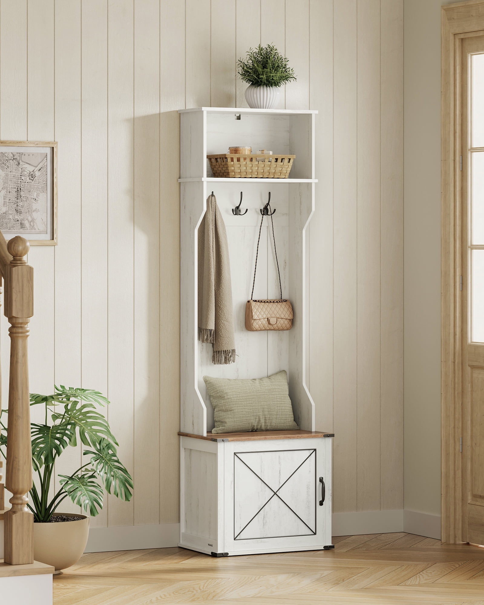 Farmhouse-Inspired Entryway Organizer, Triple Hooks Built-In