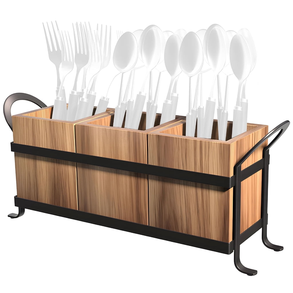 Silverware Container For Counter Farmhouse Inspired Wooden Silverware Container Triple Space Design ...