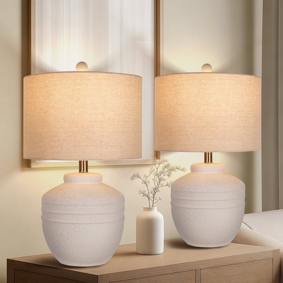 22.5in White Ceramic Table Lamps Set of 2 for Living Room Bedroom Rustic Bedside Nightstand Lamps with Linen Lamp Shades