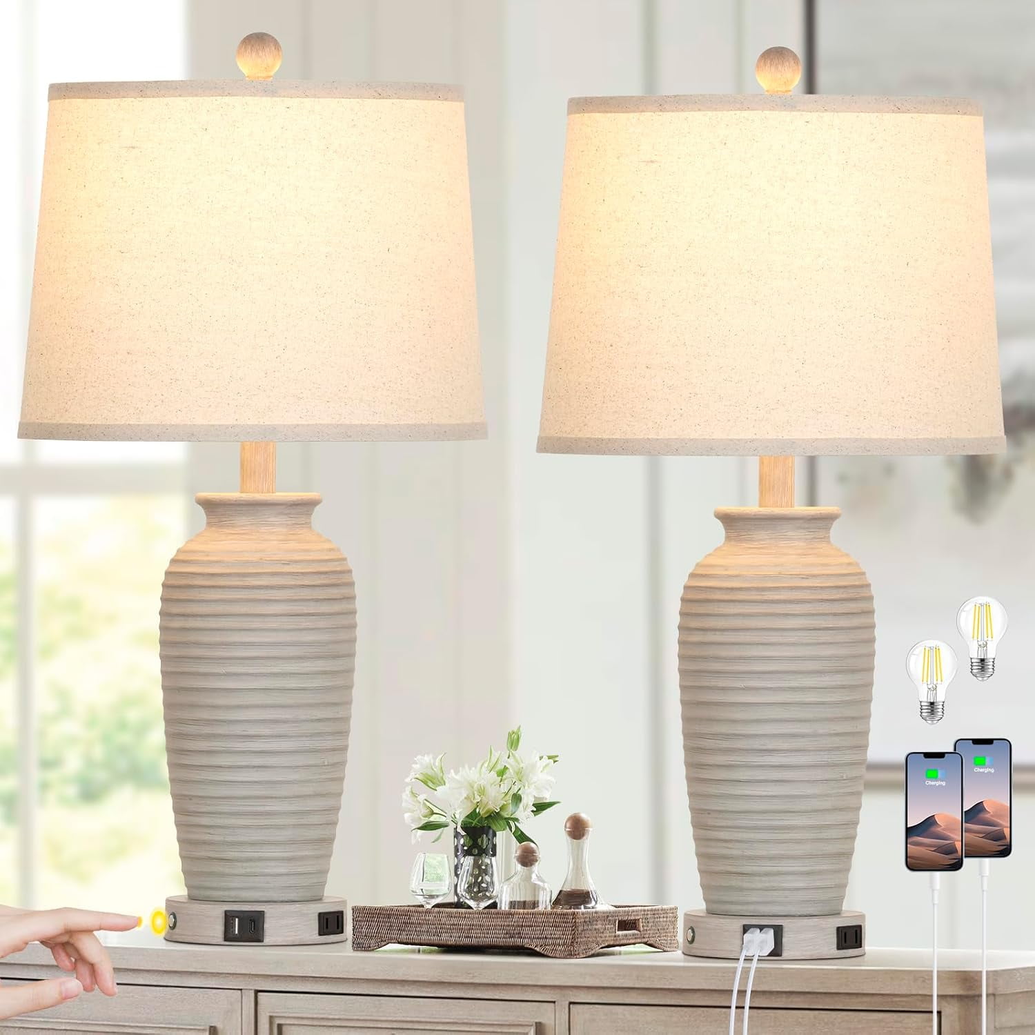 Two Way Radio Accessories Set Of 2 Modern Ceramic Table Lamps - Bedside Nightstand Lamps With LED Bulbs White Bedroom Living Room Lamps