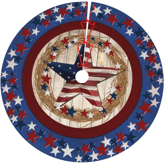 Farmhouse July 4th American Flag Patriotic Star Wooden 36 Inch Christmas Tree Skirt Carpet Mat Funny Party Decor Supplies for Xmas Halloween Decorations Occasion Ornament