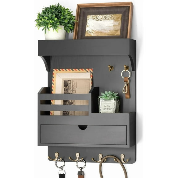 Farmhouse Key Holder Wall Mount with Drawer Organizer \u2013 Pine Wooden Mail and Key Organizer for Wall with 6 Sturdy Hooks &amp; Floating Shelf \u2013 Perfect for Retro Living Room Deco