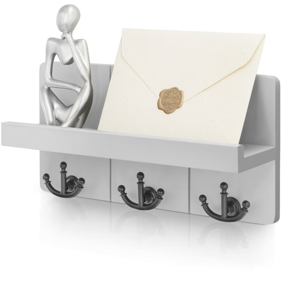 Farmhouse Key Holder for Wall with Shelf, Rebee Vision Key Rack Mail Organizer with 3 Anchor Key Hooks, Grey