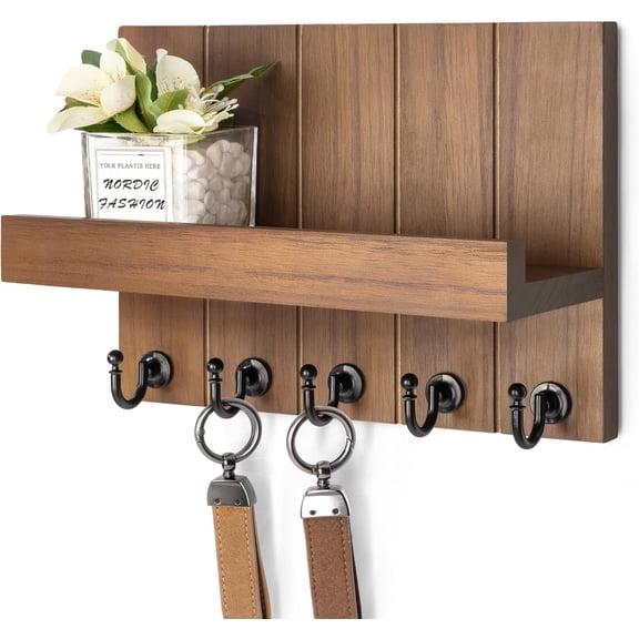 Farmhouse Key and Mail Holder for Wall - Decorative Mail Organizer Wall Mount with 7 Hooks and Mounting Hardware - Elegant Key Hanger for Entryway and Home Wall Decor (Whitewash,15-inch)