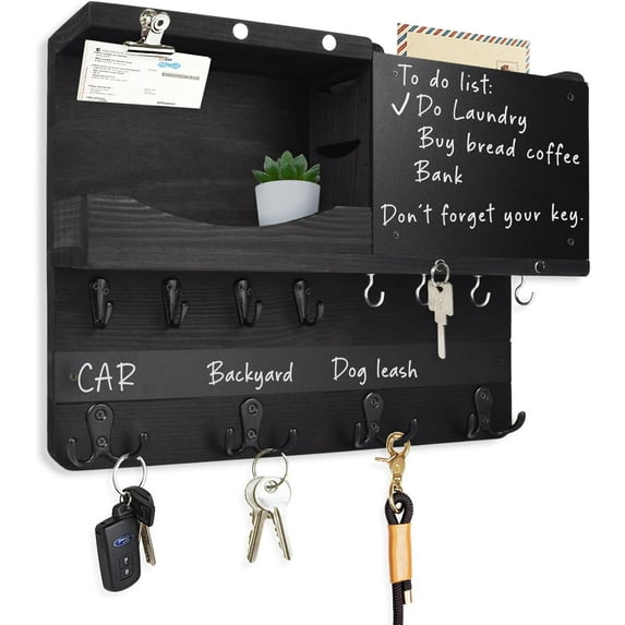 Farmhouse Key and Mail Holder for Wall Decorative, Rustic Mail and Key Organizer for Wall with Different Hooks, Chalkboard, Key Holder Wall Mount with Shelf, Basket, Clips(Pine Wood, Black)
