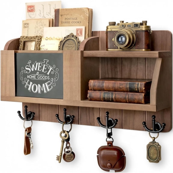 Farmhouse Key and Mail Holder for Wall - Mail Organizer with Chalkboard and 4 Hooks - Rustic Home Decor for Entryway