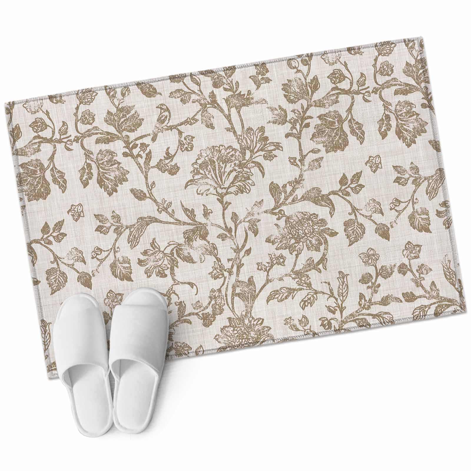 Farmhouse Khaki Bathroom Mat 2x3 FT, Non Slip Small Kitchen Mat, Vintage Flower Leaf Botanical Plant Washable Soft Backed Front Door Throw Rug Non-Shedding Indoor Outdoor Doormat for Entryway Sink