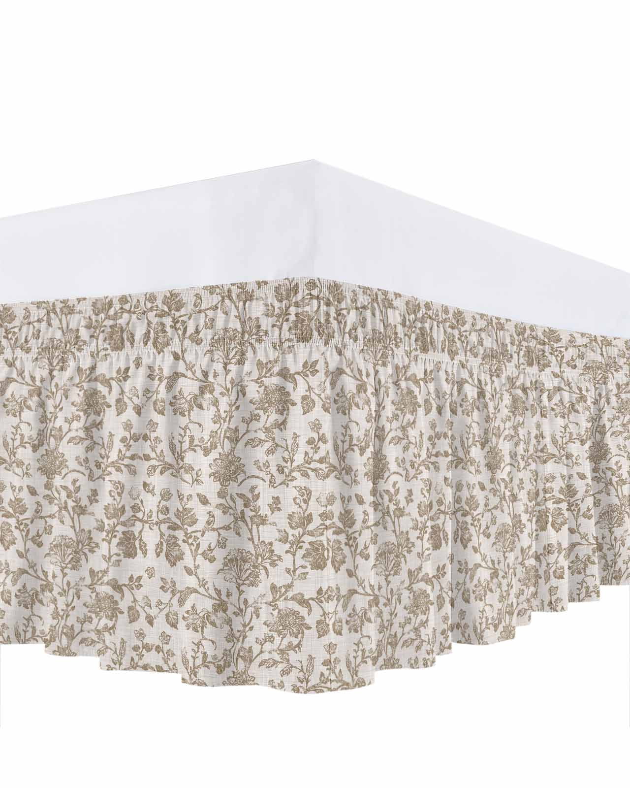 Farmhouse Khaki Bed Skirt King Size, Vintage Flower Leaf Botanical Plant Wrap Around Bed Skirting with Adjustable Elastic Strap, Dust Ruffled Pleated Bedskirts 18 Inch Drop for Bedroom King Beds