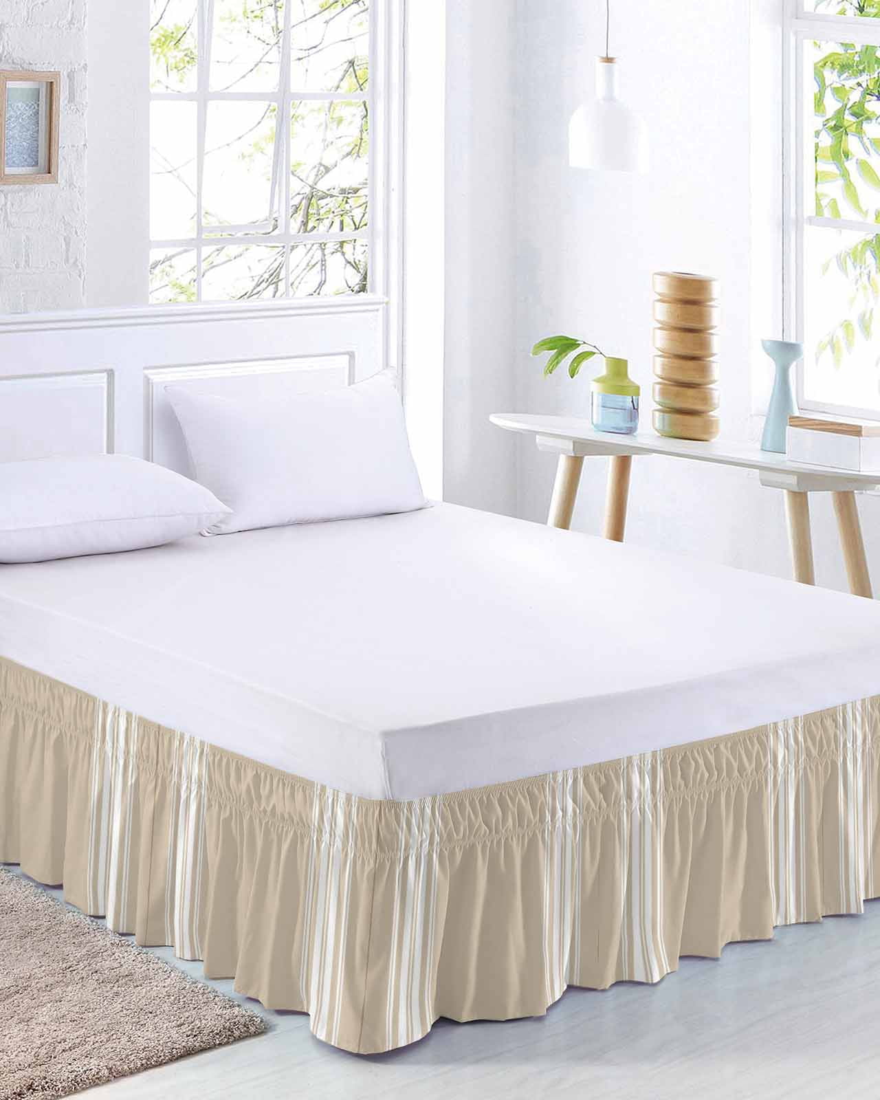 Farmhouse Khaki Bed Skirt Queen Size 16 Inch Drop, White Stripe Adjustable Elastic Dust Ruffles Bedskirt for Queen Bed Wrap Around Pleated Mattress Frame Cover