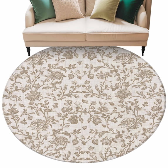 Farmhouse Khaki Large Area Rugs for Bedroom Living Room, Soft Non Slip Carpet Bedside Rug, Vintage Flower Leaf Botanical Plant Round Floor Cover Kitchen Accent Rug 7' for Dining Room/Office