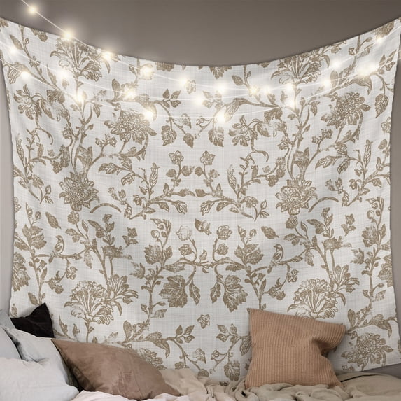 Farmhouse Khaki Large Tapestry for Bedroom Wall Hanging Tapestry, Vintage Flower Leaf Botanical Plant Ceiling Backdrop Tapestries Poster Blanket Wall Decor for Teens Room Living Room Dorm 86" x 104"