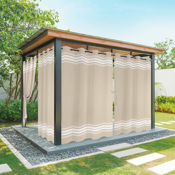 Farmhouse Khaki Outdoor Curtains for Patio Waterproof, White Stripe Grommet Curtains for Porch Outside Privacy Drape for Gazebo Garden Pergola, 2 Panels, 54x95in